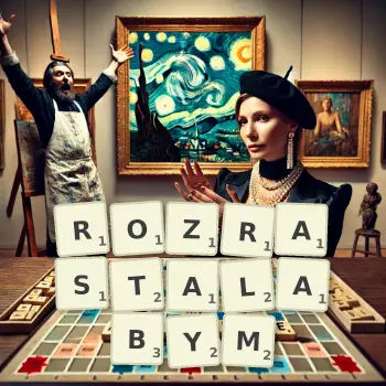 Kreatywna ilustracja do gry w Scrabble ze słowem ROZRASTALABYM ułożonym z płytek na planszy.