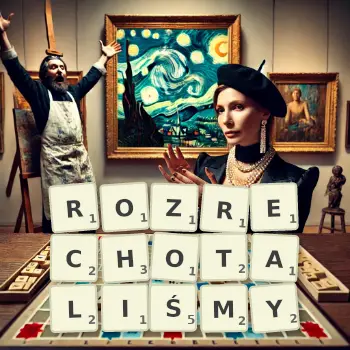 Kreatywna ilustracja do gry w Scrabble ze słowem ROZRECHOTALIŚMY ułożonym z płytek na planszy.