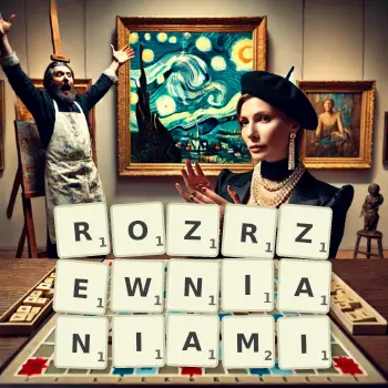 Kreatywna ilustracja do gry w Scrabble ze słowem ROZRZEWNIANIAMI ułożonym z płytek na planszy.