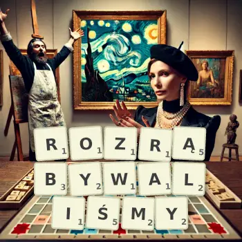 Kreatywna ilustracja do gry w Scrabble ze słowem ROZRĄBYWALIŚMY ułożonym z płytek na planszy.