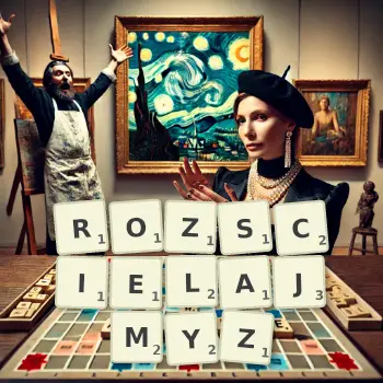 Kreatywna ilustracja do gry w Scrabble ze słowem ROZSCIELAJMYZ ułożonym z płytek na planszy.