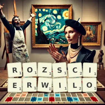 Kreatywna ilustracja do gry w Scrabble ze słowem ROZSCIERWILO ułożonym z płytek na planszy.