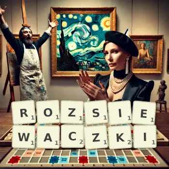 Kreatywna ilustracja do gry w Scrabble ze słowem ROZSIEWACZKI ułożonym z płytek na planszy.
