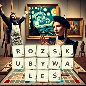 Kreatywna ilustracja do gry w Scrabble ze słowem ROZSKUBYWAŁEŚ ułożonym z płytek na planszy.
