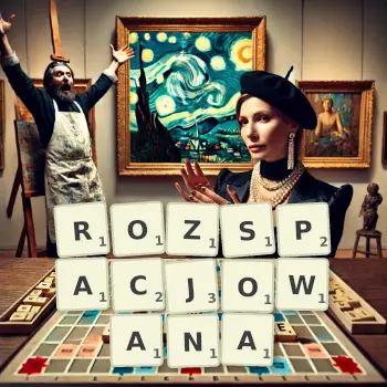 Kreatywna ilustracja do gry w Scrabble ze słowem ROZSPACJOWANA ułożonym z płytek na planszy.