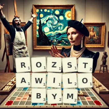 Kreatywna ilustracja do gry w Scrabble ze słowem ROZSTAWILOBYM ułożonym z płytek na planszy.