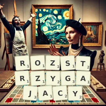 Kreatywna ilustracja do gry w Scrabble ze słowem ROZSTRZYGAJACY ułożonym z płytek na planszy.