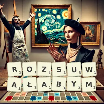 Kreatywna ilustracja do gry w Scrabble ze słowem ROZSUWAŁABYM ułożonym z płytek na planszy.