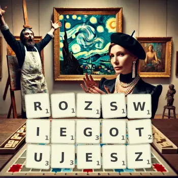 Kreatywna ilustracja do gry w Scrabble ze słowem ROZSWIEGOTUJESZ ułożonym z płytek na planszy.