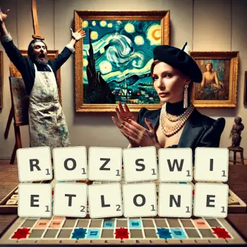 Kreatywna ilustracja do gry w Scrabble ze słowem ROZSWIETLONE ułożonym z płytek na planszy.