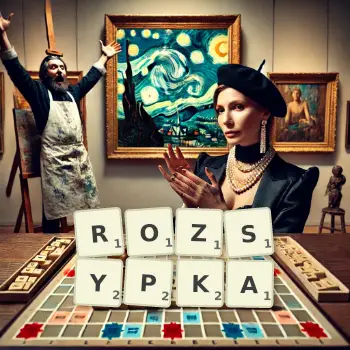 Kreatywna ilustracja do gry w Scrabble ze słowem ROZSYPKA ułożonym z płytek na planszy.