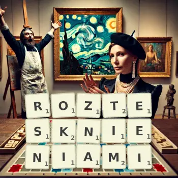 Kreatywna ilustracja do gry w Scrabble ze słowem ROZTESKNIENIAMI ułożonym z płytek na planszy.