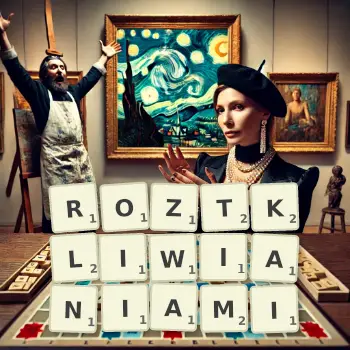 Kreatywna ilustracja do gry w Scrabble ze słowem ROZTKLIWIANIAMI ułożonym z płytek na planszy.