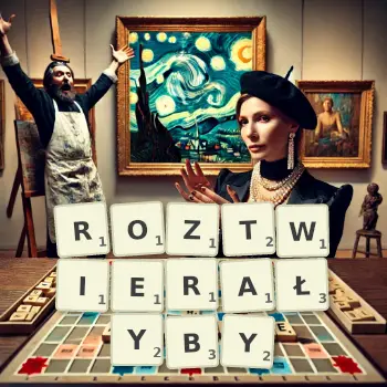 Kreatywna ilustracja do gry w Scrabble ze słowem ROZTWIERAŁYBY ułożonym z płytek na planszy.