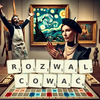 Kreatywna ilustracja do gry w Scrabble ze słowem ROZWALCOWAĆ ułożonym z płytek na planszy.