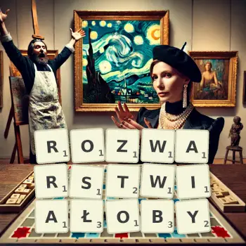 Kreatywna ilustracja do gry w Scrabble ze słowem ROZWARSTWIAŁOBY ułożonym z płytek na planszy.