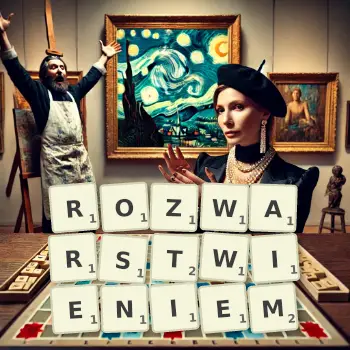 Kreatywna ilustracja do gry w Scrabble ze słowem ROZWARSTWIENIEM ułożonym z płytek na planszy.