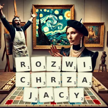 Kreatywna ilustracja do gry w Scrabble ze słowem ROZWICHRZAJACY ułożonym z płytek na planszy.