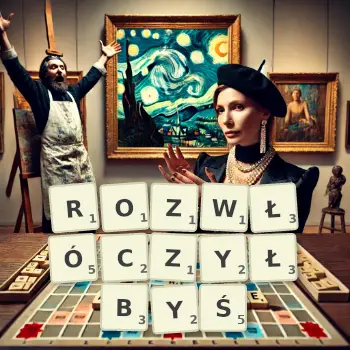 Kreatywna ilustracja do gry w Scrabble ze słowem ROZWŁÓCZYŁBYŚ ułożonym z płytek na planszy.