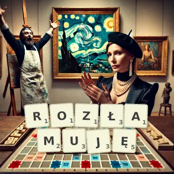 Kreatywna ilustracja do gry w Scrabble ze słowem ROZŁAMUJĘ ułożonym z płytek na planszy.