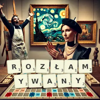 Kreatywna ilustracja do gry w Scrabble ze słowem ROZŁAMYWANY ułożonym z płytek na planszy.