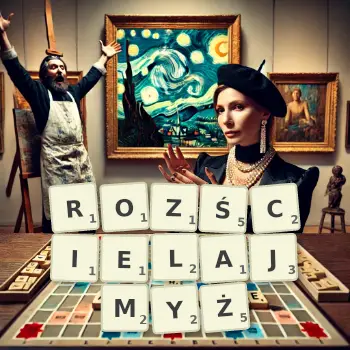 Kreatywna ilustracja do gry w Scrabble ze słowem ROZŚCIELAJMYŻ ułożonym z płytek na planszy.