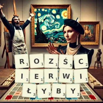Kreatywna ilustracja do gry w Scrabble ze słowem ROZŚCIERWIŁYBY ułożonym z płytek na planszy.