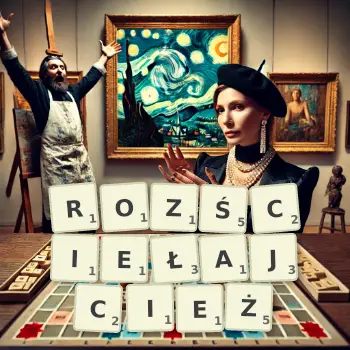 Kreatywna ilustracja do gry w Scrabble ze słowem ROZŚCIEŁAJCIEŻ ułożonym z płytek na planszy.