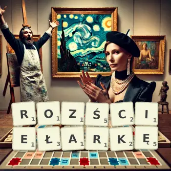 Kreatywna ilustracja do gry w Scrabble ze słowem ROZŚCIEŁARKĘ ułożonym z płytek na planszy.