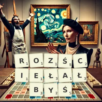 Kreatywna ilustracja do gry w Scrabble ze słowem ROZŚCIEŁAŁBYŚ ułożonym z płytek na planszy.