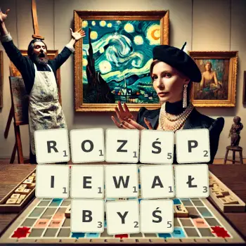 Kreatywna ilustracja do gry w Scrabble ze słowem ROZŚPIEWAŁBYŚ ułożonym z płytek na planszy.