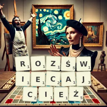 Kreatywna ilustracja do gry w Scrabble ze słowem ROZŚWIECAJCIEŻ ułożonym z płytek na planszy.