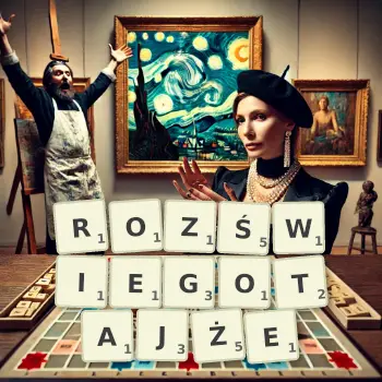 Kreatywna ilustracja do gry w Scrabble ze słowem ROZŚWIEGOTAJŻE ułożonym z płytek na planszy.
