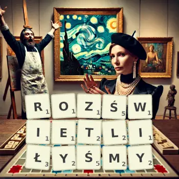 Kreatywna ilustracja do gry w Scrabble ze słowem ROZŚWIETLIŁYŚMY ułożonym z płytek na planszy.