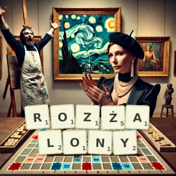 Kreatywna ilustracja do gry w Scrabble ze słowem ROZŻALONY ułożonym z płytek na planszy.