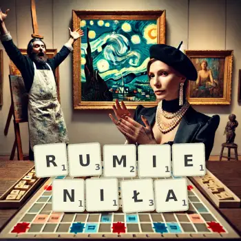 Kreatywna ilustracja do gry w Scrabble ze słowem RUMIENIŁA ułożonym z płytek na planszy.
