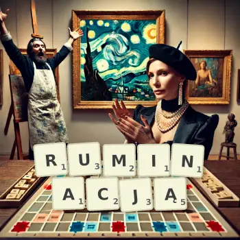 Kreatywna ilustracja do gry w Scrabble ze słowem RUMINACJĄ ułożonym z płytek na planszy.