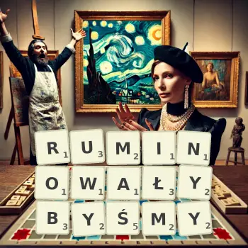 Kreatywna ilustracja do gry w Scrabble ze słowem RUMINOWAŁYBYŚMY ułożonym z płytek na planszy.