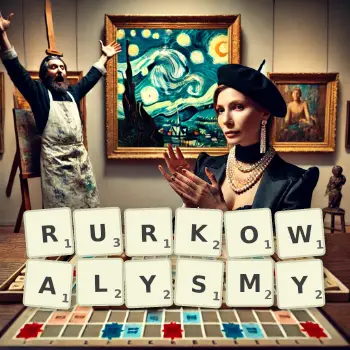 Kreatywna ilustracja do gry w Scrabble ze słowem RURKOWALYSMY ułożonym z płytek na planszy.
