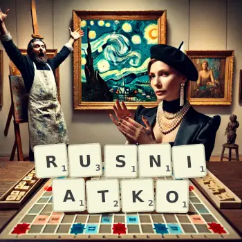 Kreatywna ilustracja do gry w Scrabble ze słowem RUSNIATKO ułożonym z płytek na planszy.