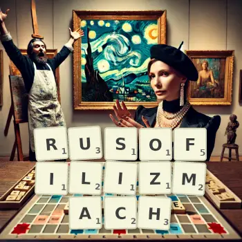 Kreatywna ilustracja do gry w Scrabble ze słowem RUSOFILIZMACH ułożonym z płytek na planszy.
