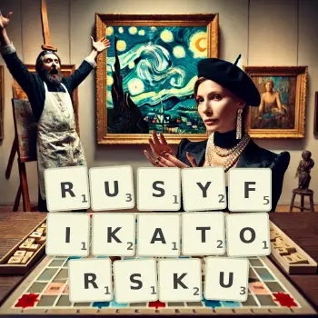 Kreatywna ilustracja do gry w Scrabble ze słowem RUSYFIKATORSKU ułożonym z płytek na planszy.