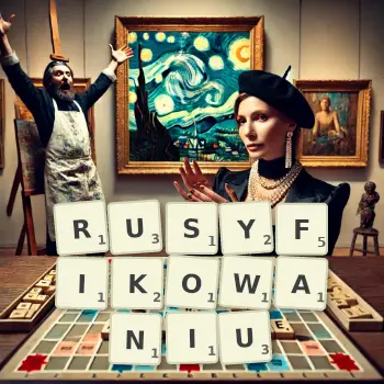 Kreatywna ilustracja do gry w Scrabble ze słowem RUSYFIKOWANIU ułożonym z płytek na planszy.
