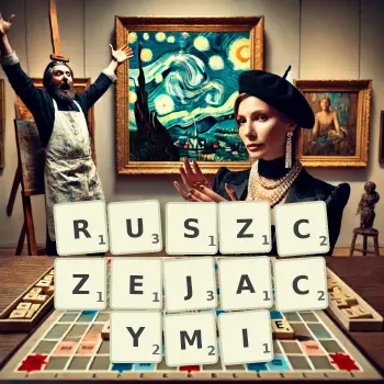 Kreatywna ilustracja do gry w Scrabble ze słowem RUSZCZEJACYMI ułożonym z płytek na planszy.