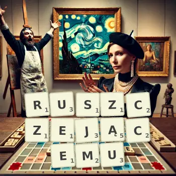 Kreatywna ilustracja do gry w Scrabble ze słowem RUSZCZEJĄCEMU ułożonym z płytek na planszy.