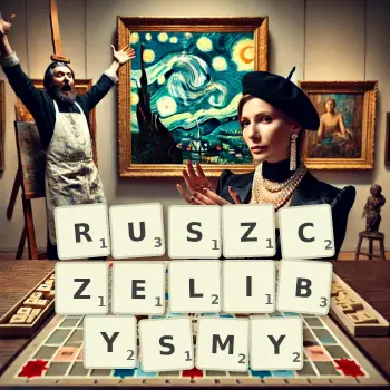 Kreatywna ilustracja do gry w Scrabble ze słowem RUSZCZELIBYSMY ułożonym z płytek na planszy.