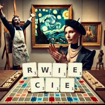 Kreatywna ilustracja do gry w Scrabble ze słowem RWIECIE ułożonym z płytek na planszy.