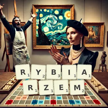 Kreatywna ilustracja do gry w Scrabble ze słowem RYBIARZEM ułożonym z płytek na planszy.