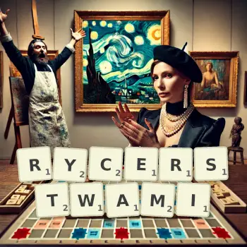 Kreatywna ilustracja do gry w Scrabble ze słowem RYCERSTWAMI ułożonym z płytek na planszy.