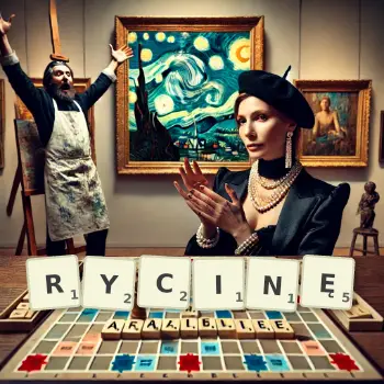 Kreatywna ilustracja do gry w Scrabble ze słowem RYCINĘ ułożonym z płytek na planszy.